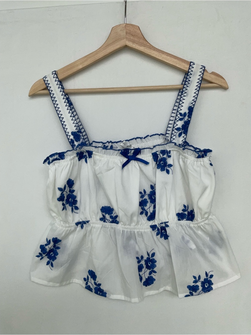 Altar'd State White Peplum Tank with Blue Floral Embroidery